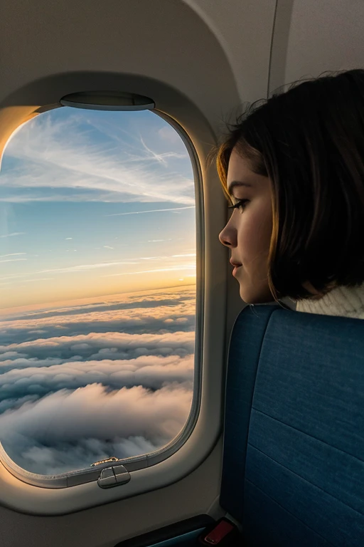 A photograph from inside an airplane focusing on the window (perfectly oval) and a little tall and small and its outline with the small cover is raised showing the morning clouds, from a side angle (as if the person taking it was sitting in the window seat)