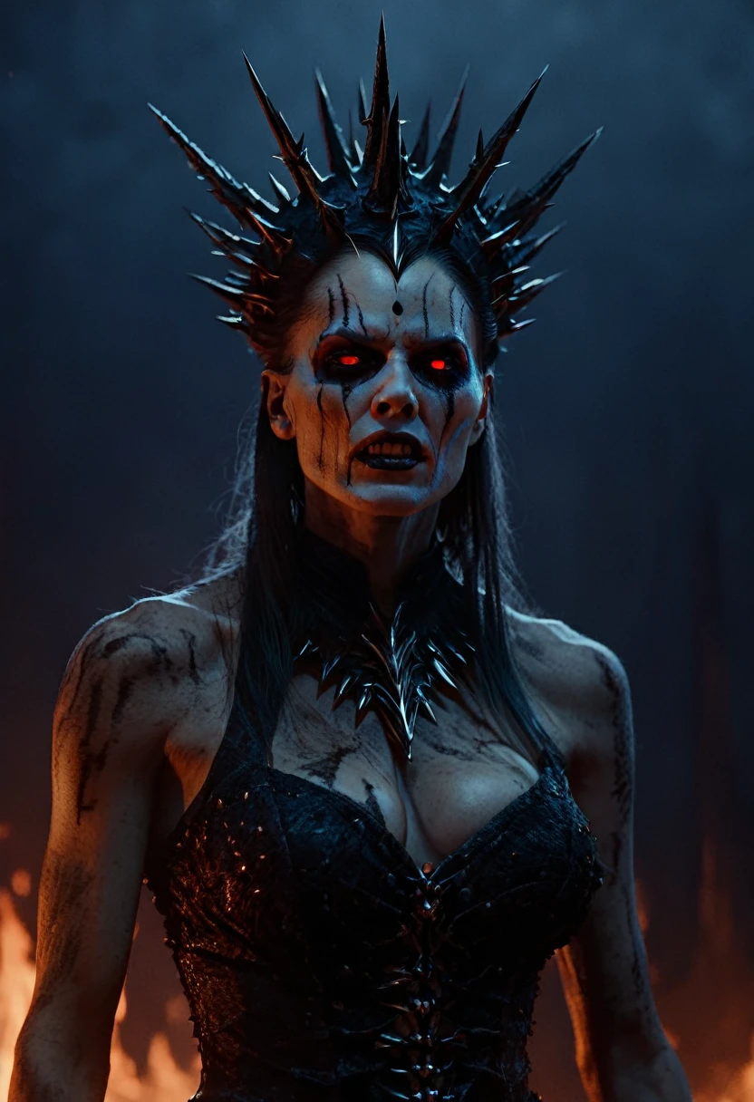 Undead queen portrait, spiked crown of hellfire, glowing red eyes, hyper-realistic digital art, by Brom: Ultra-detailed of a corpse-pale queen. Elaborate crown of blackened metal spikes, each tip flickering with hellfire. Eyes blaze with intense red light, pupils like dying stars. Skin texture meticulously rendered, showing decay and otherworldly preservation. Dark, tattered royal garments with intricate, shadowy patterns. Background of smoldering brimstone and distant, tortured souls. Brom's signature style of gothic horror mixed with dark fantasy elements.(intricate details, hyperdetailed:1.15) (skin texture:1.2), cinematic, professional, 4k, (((dynamic model pose))), sitting, full body, mesmerizing, dynamic, dramatic, dynamic pose, highly detailed skin with hair, subcutaneous veins, light and shadow play, highly detailed,24mm photograph, bokeh, professional, 4k,