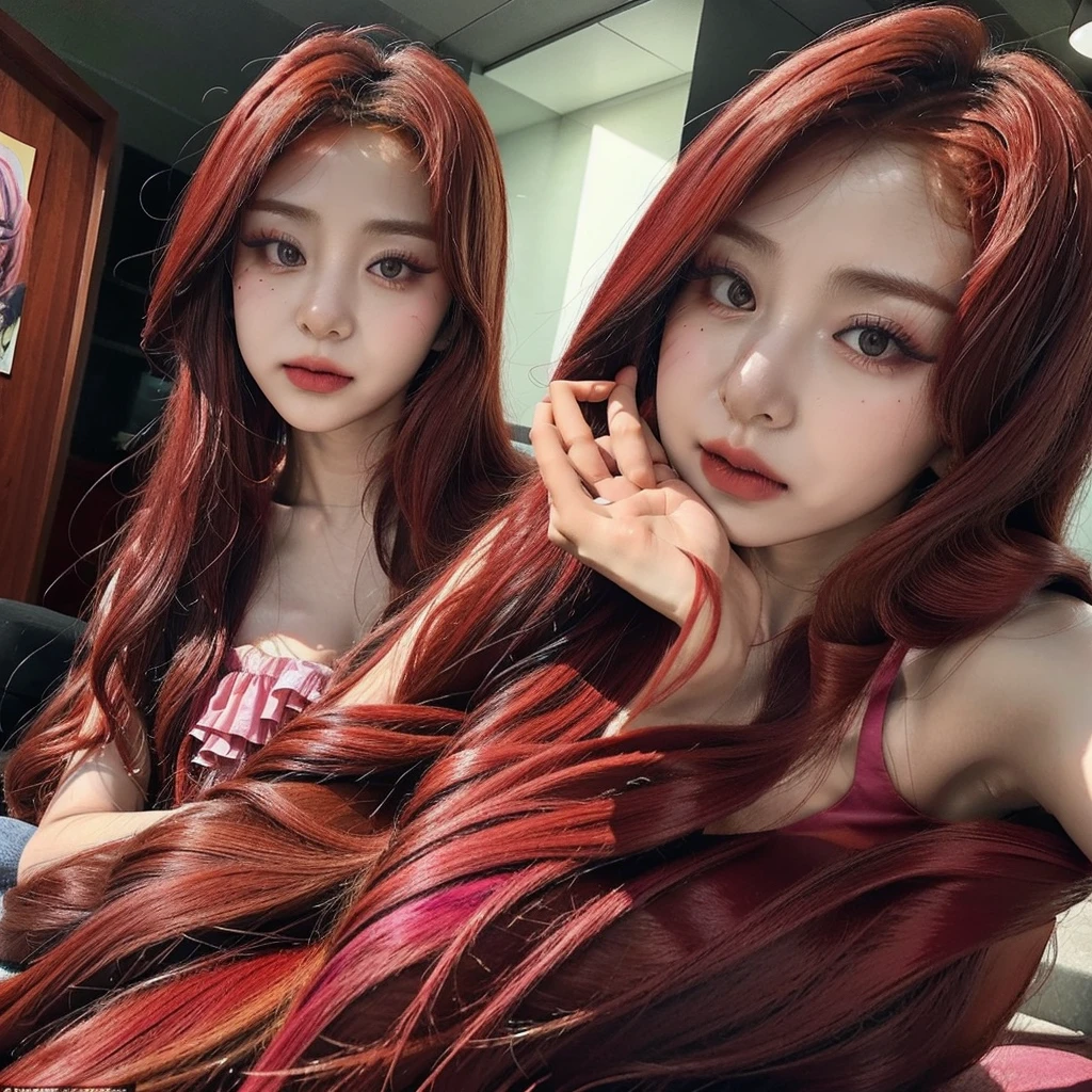 Yunjin do LE SSERAFIM, a young woman with long, vibrant hair in a deep shade of red, is dressed in a clown costume, a ruffled dress in shades of pink. Her face is painted with clown makeup but in pink tones..