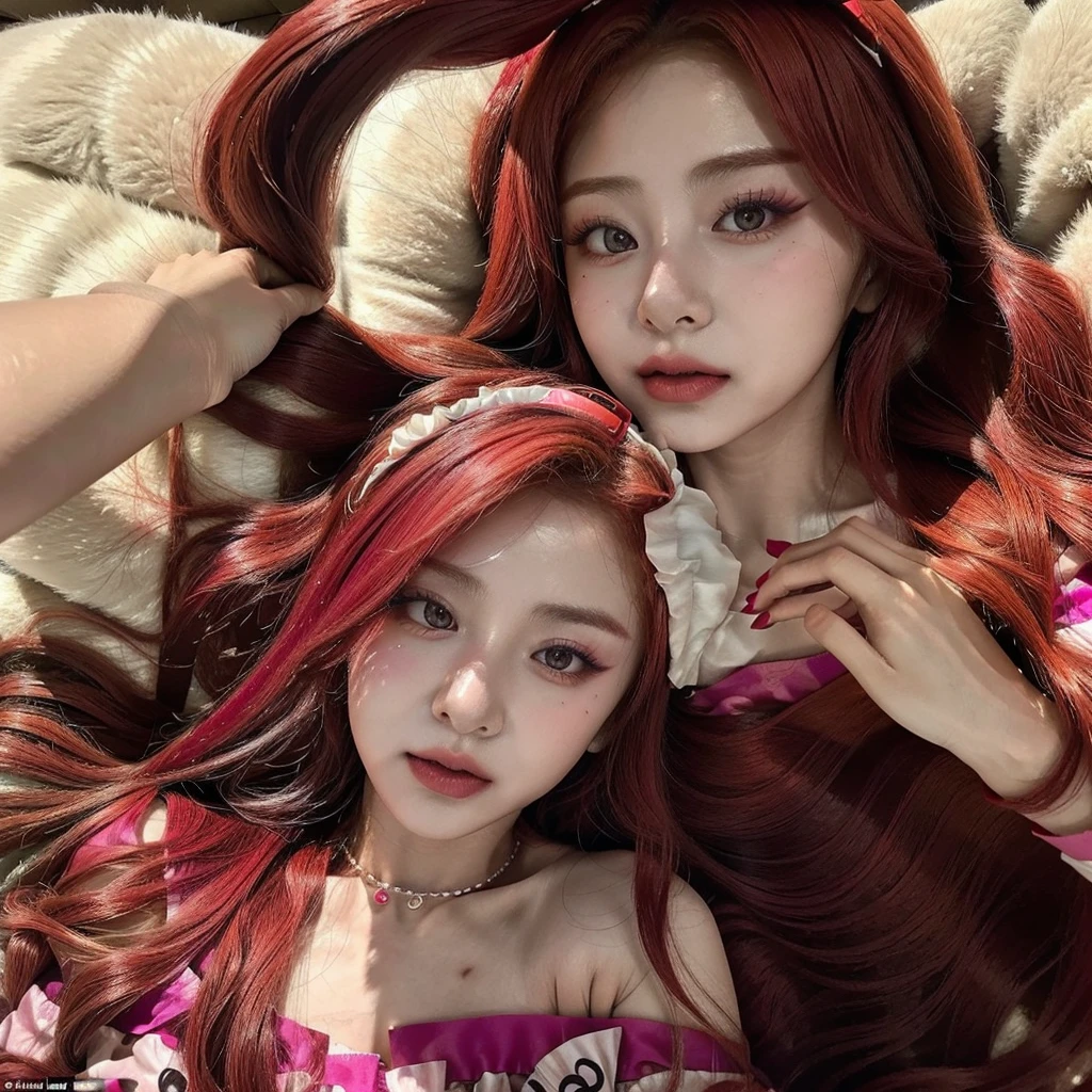 Yunjin do LE SSERAFIM, a young woman with long, vibrant hair in a deep shade of red, is dressed in a clown costume, a ruffled dress in shades of pink. Her face is painted with clown makeup but in pink tones..