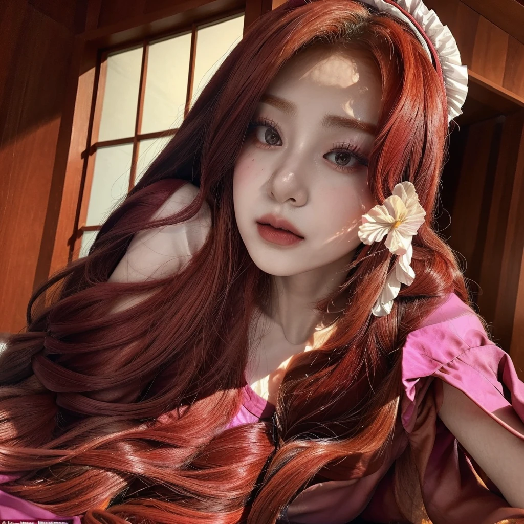 Yunjin do LE SSERAFIM, a young woman with long, vibrant hair in a deep shade of red, is dressed in a clown costume, a ruffled dress in shades of pink. Her face is painted with clown makeup but in pink tones..