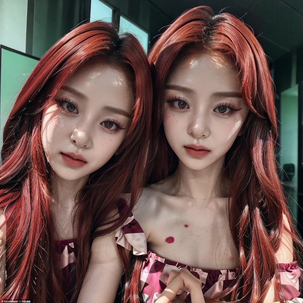 Yunjin do LE SSERAFIM, a young woman with long, vibrant hair in a deep shade of red, is dressed in a clown costume, a ruffled dress in shades of pink. Her face is painted with clown makeup but in pink tones..