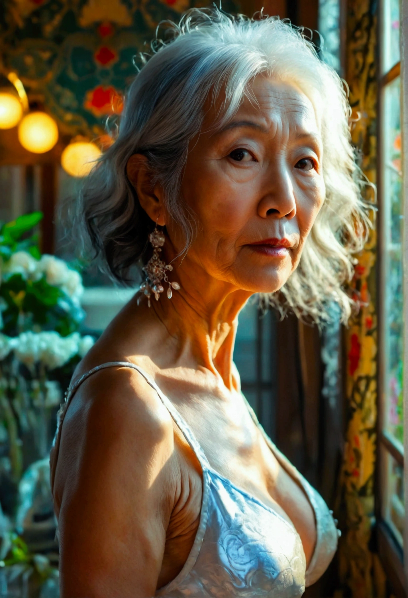 (((Composition of identification photos))), gravure, from chest up, tabletop, best qualityer, ultra detali, photorrealistic, super detailed skin, Perfect Anatomia, (1 Japanese mature woman), (standing alone), 90 years old, breasts big, Mature Woman Politics, glamor, A sexy, Chrome-white leather, gazing at viewer