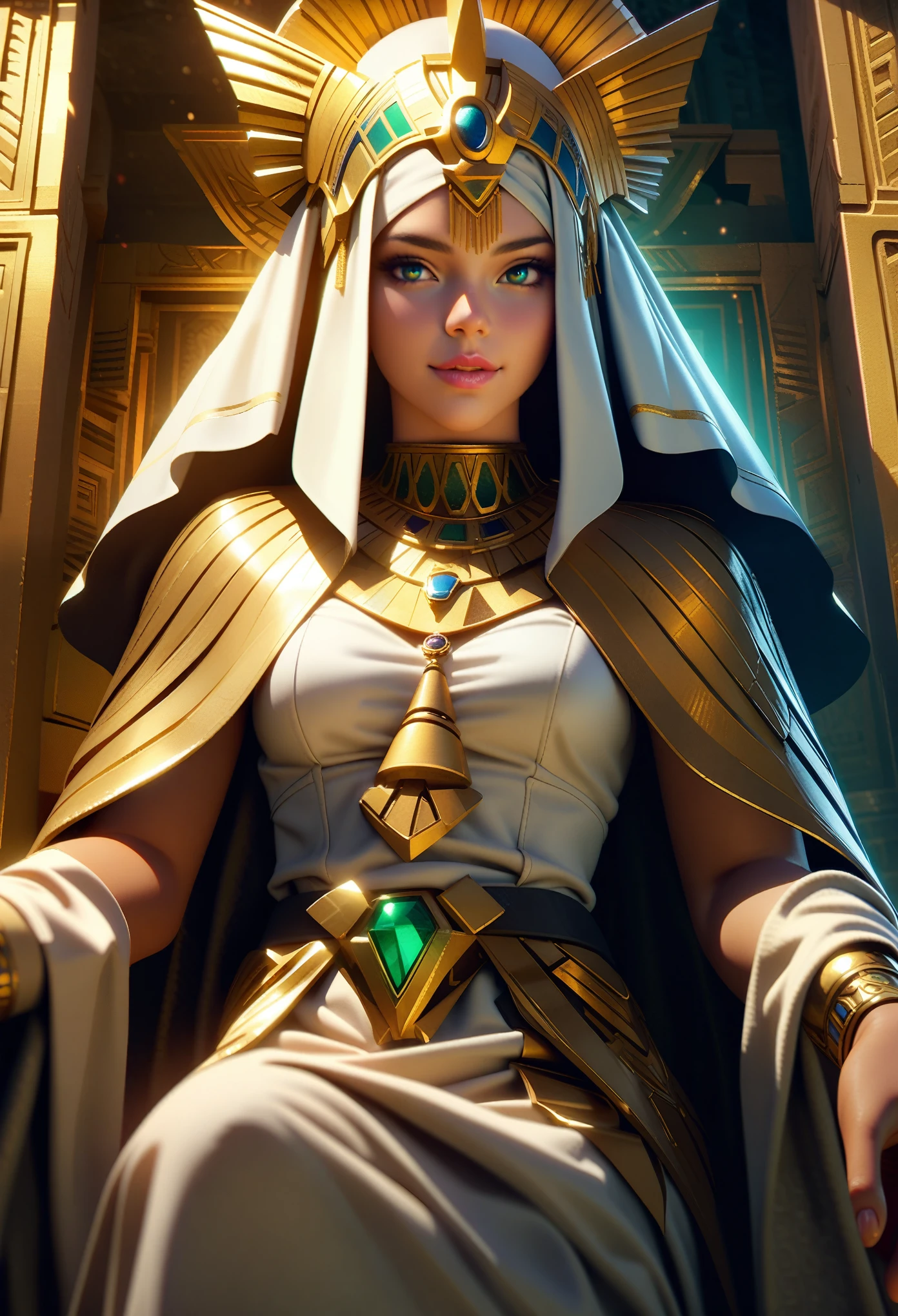 A beautiful desert princess, black skin, detailed face, iridescent emerald eyes, beautiful detailed eyes, beautiful detailed lips, extremely detailed face, smiling in a confident, intricate headdress, elegant robes, mysterious gaze, ancient Egyptian sphinx, Egyptian Throne, grand pyramid in the background, golden ornaments, glowing warm lighting, photorealistic, highly detailed, 8k, dramatic lighting, fantasy, cinematic