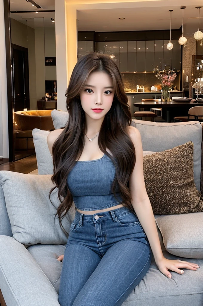 Generate an image of a stunning 20-year-old Asian woman with beauty akin to a goddess of the fire element. She has big brown eyes, dark brown hair, glowing skin, and an attractive appearance. She is wearing a beautiful top paired with blue skinny jeans. The woman is sitting sweetly on a living room sofa, her posture relaxed and inviting, surrounded by cozy and elegant decor.