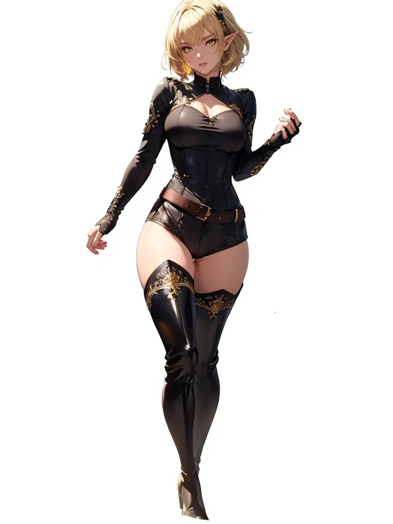 ((1girl, solo)), (full body:1.5), dark elf, dark-skinned female, (((pointy ears))), beautiful body, (perfect anatomy, perfect body, perfect hands, perfect legs), (five fingers:1.5), natural proportions, sexy body, large breasts,  cowboy shot BREAK 

((extremely detailed face)), (beautiful detailed eyes:1.6), (realistic pupils, realistic iris:1), expressive eyes, looking at viewer, (clear eyes:1.3), (hyperrealistic:1.2), (detailed skin texture:1.2), smooth skin, (yellow eyes:1.5), (blonde hair:1.5), (short hair:1.3), bangs, (detailed lips:1.2), (attractive lips:1.1), (glossy lips:1.1), (smile), parted lips, perfect face, perfect eyes BREAK

((black shirt)), long sleeves, ((white sleeves)), (skin tight:1.5), gold trimmed, fingerless gloves, black shorts, short shorts, fur trimmed shorts, thighs, ass visible through thighs, black footwear, (thigh boots:1.5) BREAK

(masterpiece:1.5), anime-style, top quality, best quality, (beautiful and aesthetic:1.2), (ultra detail:1.5), Ultra-detailed depiction, Ultra-precise depiction, extremely detailed 8k illustration, high resolution, (highly detailed shading:1.2), (realistic lighting:1.4), perfect lighting, vibrant colors, dynamic tones, striking hues, 8k, absurd resolution, perfect shadows, hdr, UHD, ambient lighting, realistic, ultra-realistic, photo realistic, highly detailed, rich detail, luminous colors, fine texture, intricate design, professional illustration, (soft light:1.2), (illustration:0.7)