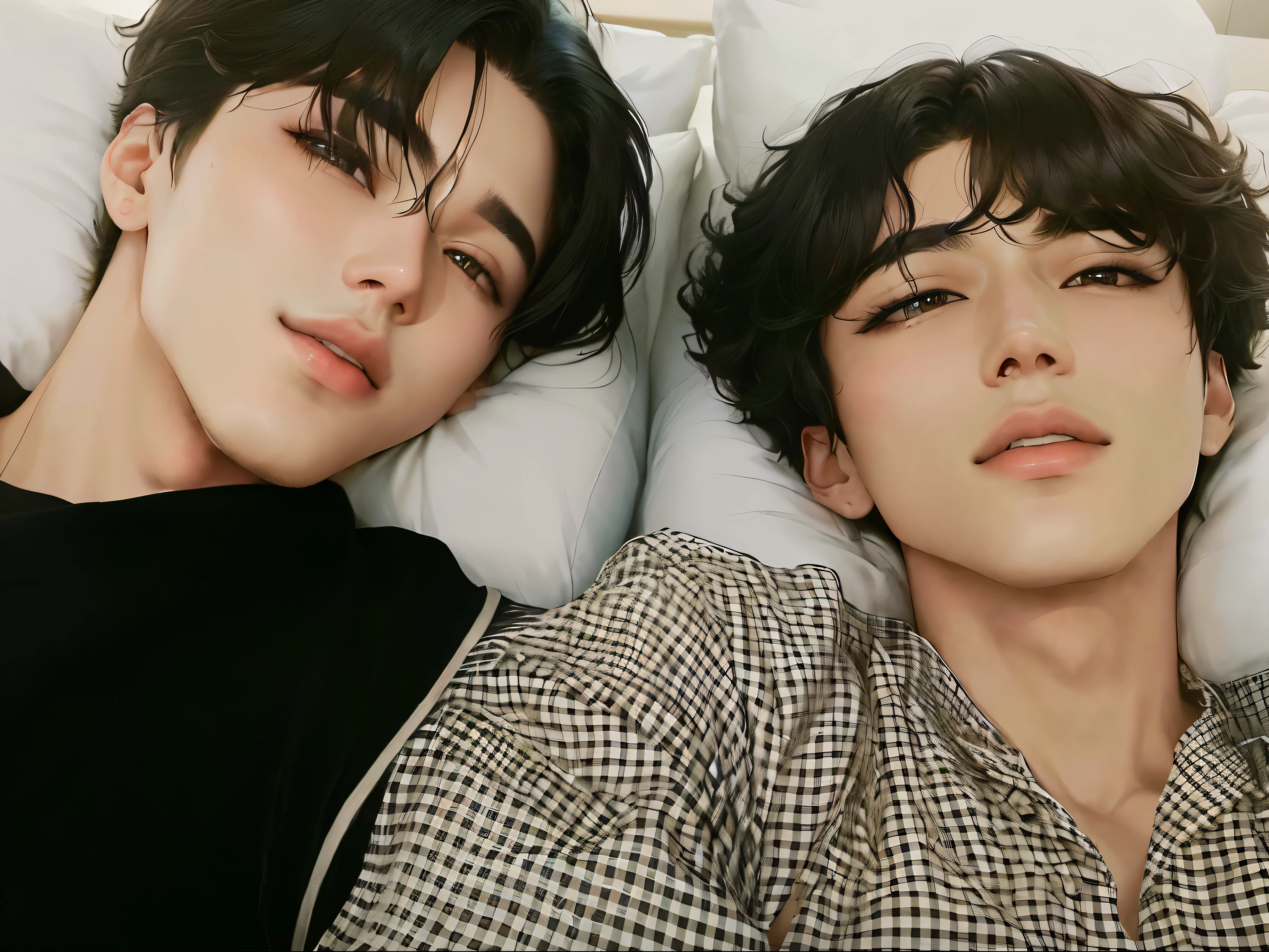 Two young people lying on a bed with their heads together., Jimin\full lips, Jimin\his right eyelid is swollen, Jimin, Jimin\'s grecian nose, park Jimin, They are close to each other, while posing in the same bed, homosexuals, they are brothers, celebrity, leaked image, ✨🕌🌙, kim taejin, BTS