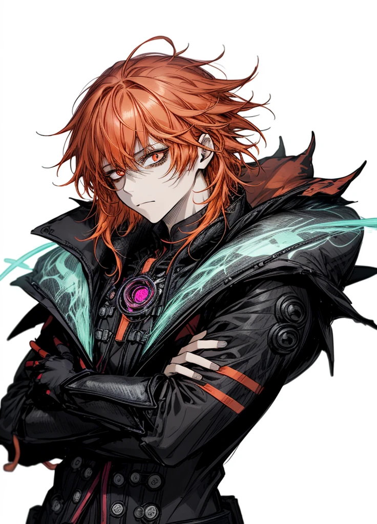 1boy, neon orange hair, neon orange eyes, warlock, necromancer, nice clothes, (high resolution, high detail, best quality) , calm