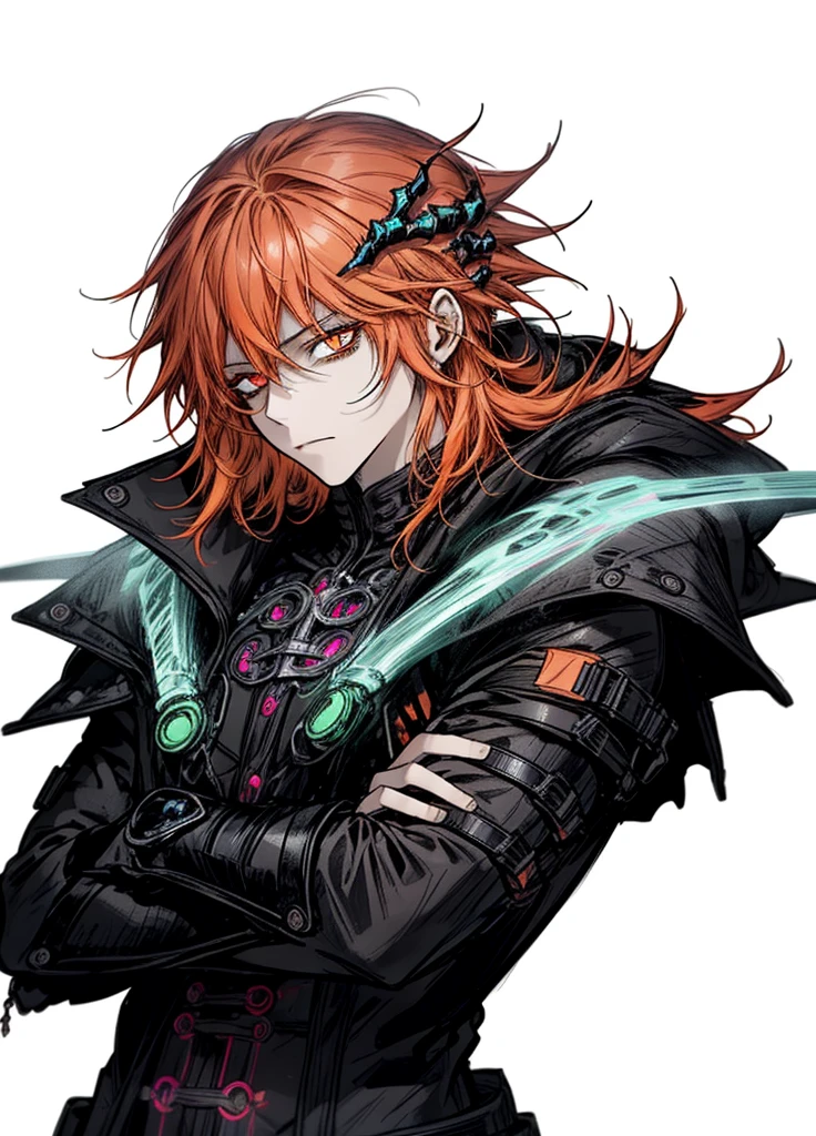 1boy, neon orange hair, neon orange eyes, warlock, necromancer, nice clothes, (high resolution, high detail, best quality) , calm