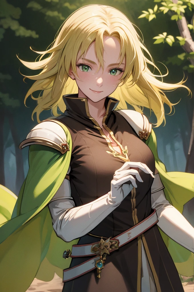 masterpiece, best quality, feSelena, brown tunic, green cape, white elbow gloves, shoulder armor, belt, upper body, looking at viewer, serene smile, forest, bog, sunset, medium hair length