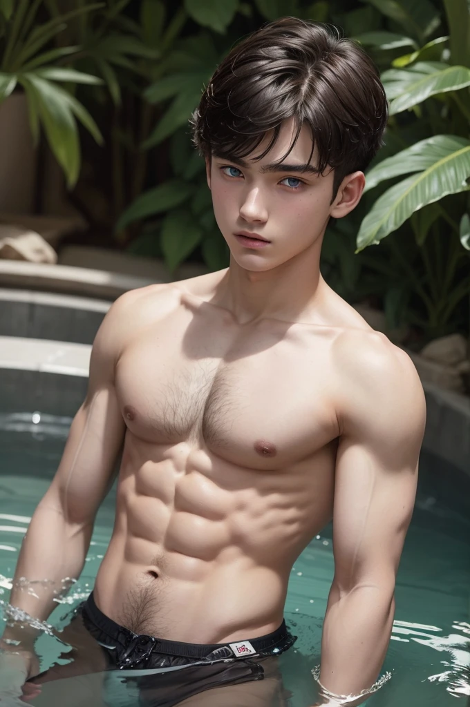 naughty man, offwhite,  old, military cut hair, blue-eyed, with muscular body, defined, with a completely hairy 6-bud abdomen, wearing no shirt, in the stream 