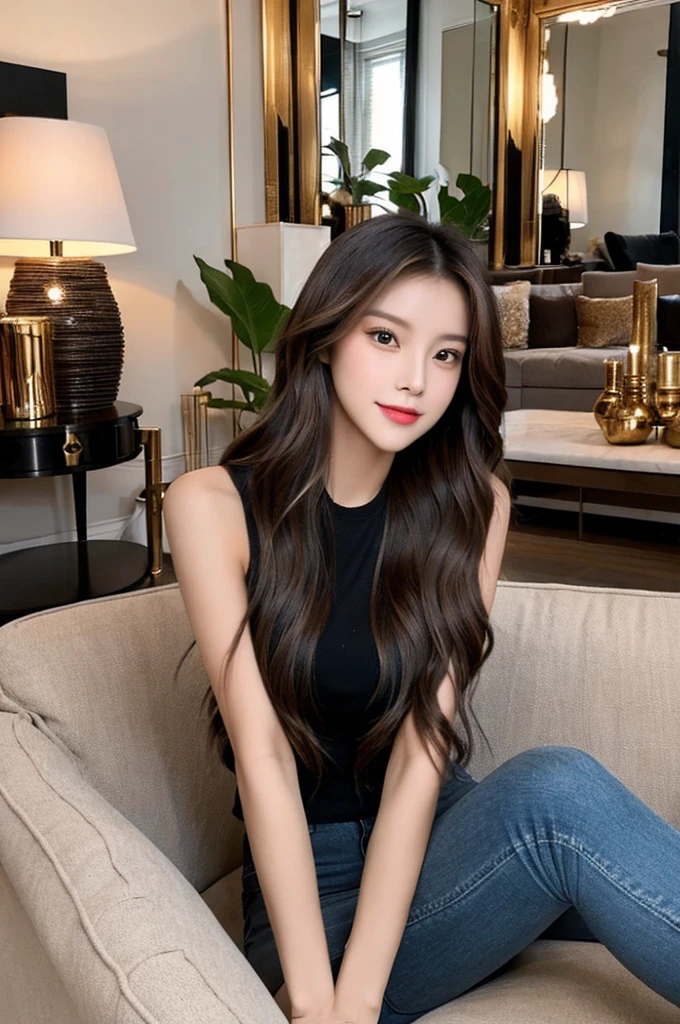 Generate an image of a stunning 20-year-old Asian woman with beauty akin to a goddess of the fire element. She has big brown eyes, dark brown hair, glowing skin, and an attractive appearance. She is wearing a beautiful top paired with blue skinny jeans. The woman is sitting sweetly on a living room sofa, her posture relaxed and inviting, surrounded by cozy and elegant decor.