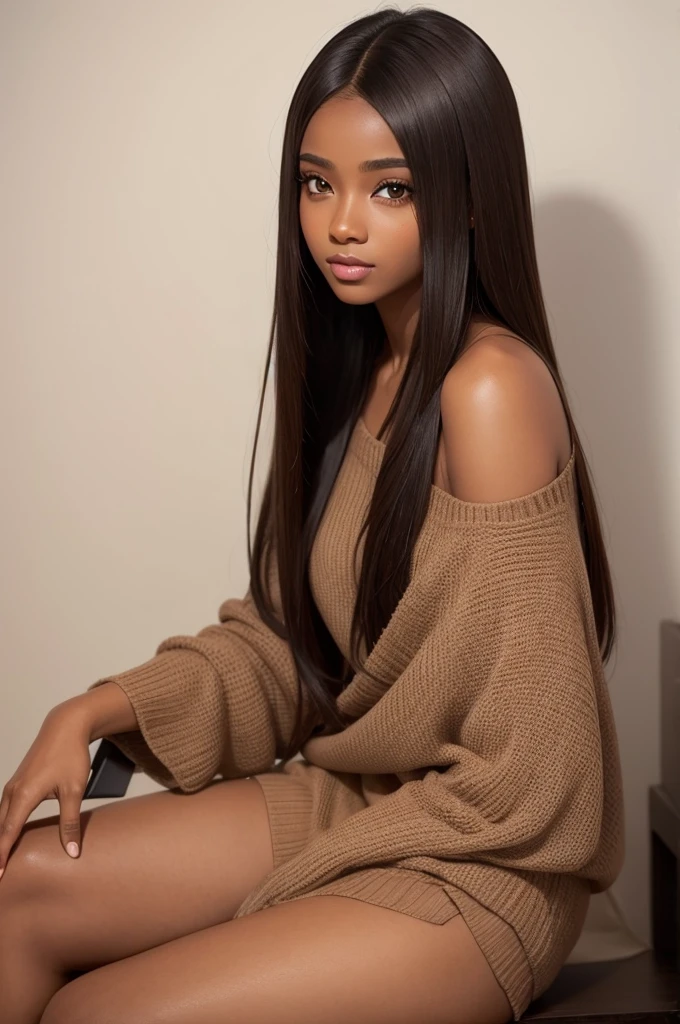 Girl with brown skin and straight hair wearing makeup.