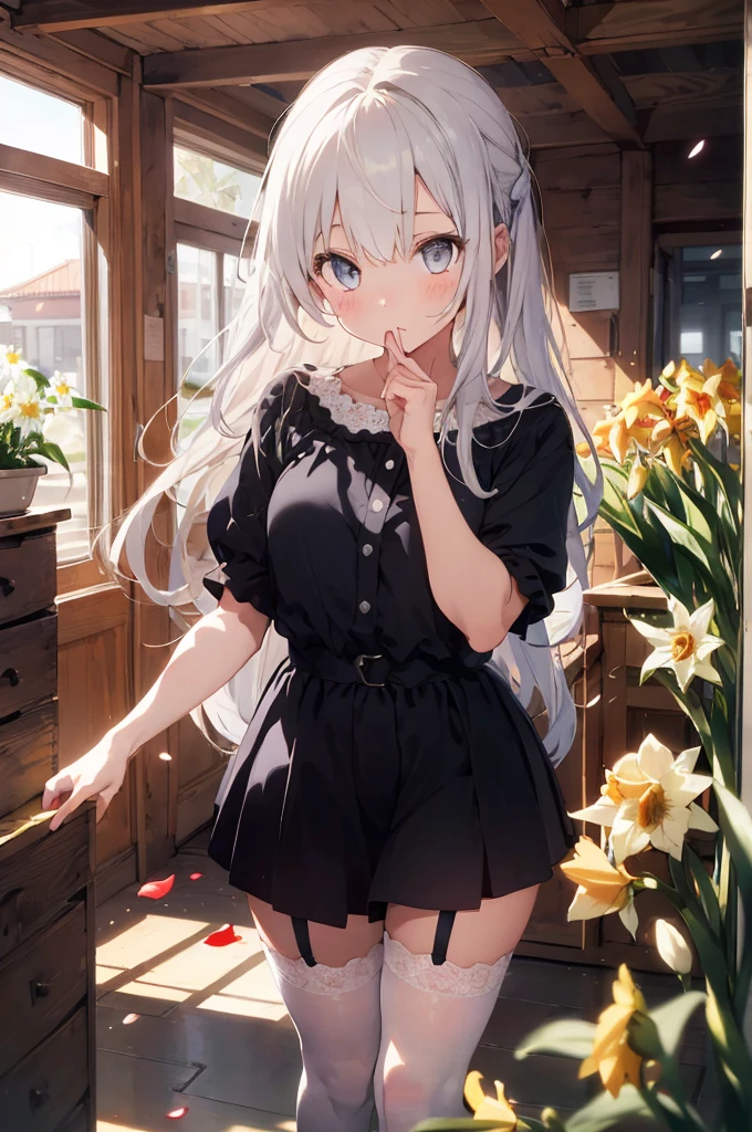 1girl, beautiful detailed eyes, long white hair, light grey eyes, , high white stocking, vivid, flower, daffodil, hyacinth, falling petals, , high contrast, ((masterpiece, best quality)), cinematic light, cinematic composition