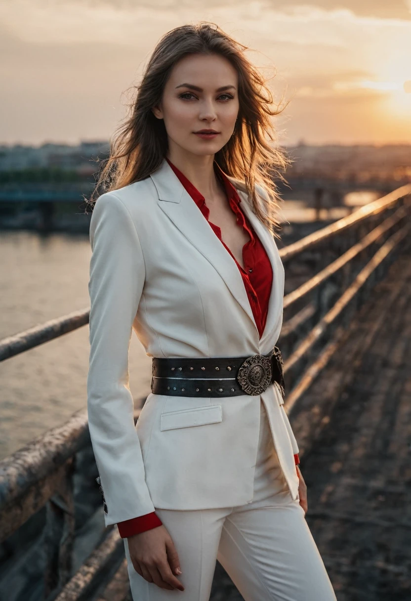Very beautiful Slavic woman, pale skin, hairlong, A Necromancer, light shadow effects, white trouser suit without unnecessary details, Red blouse, black wide leather belt, photo, crap, sun glare, Against the background of a metal bridge near the shore, water, The city, sun, sundown, Low storm clouds, indigo, photo, slight smile, body complet, sharp-focus, dynamic sexy pose, Helios 44-2, swirling bokeh, sharp-focus, high skin detail, sharpness, Character portrait, perfect lighting, tmasterpiece, Detailed background, Movie Lighting, 8K