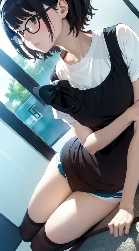 (masterpiece, Highest quality, It captures a very cute moment, Depth of written boundary, Super detailed, Ultra-high resolution, C4D, Octadale, 3D Modeling,Realistic human photos、 8K, 16K, One Girl,Middle school students, Small breasts,Black Hair,short hair,Straight Hair,Light brown eyes,White headband,Wearing black glasses,Cute face), Bloomers, Black tank top, zettai ryouiki, Wet clothes,Classroom Nights,Moonlight, Good elevator, Take off、Real-life skin、Not an anime、Realistic、Not an illustration