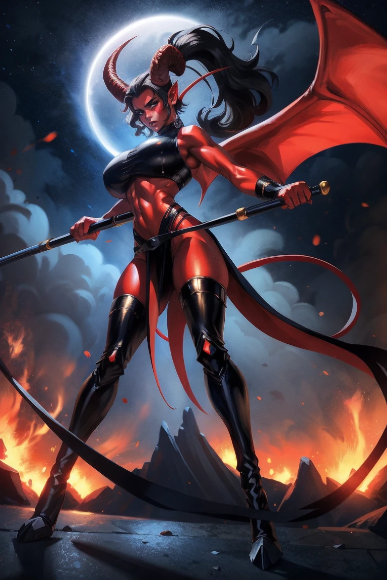 Red skin succubus tiefling, digitigrade legs, full breasts, medium breasts, black horns, wings, huge tail, black leather, crop top, long flowing pelvic curtain, tall, toned, graceful, thin, long black ponytail. Action scene, whip. Dark scene, explosions, night sky.