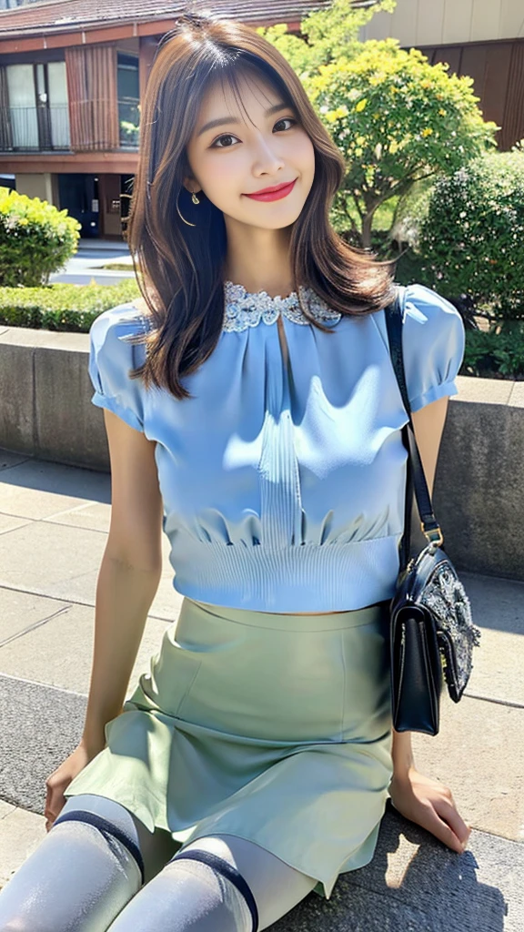 Upper class woman sitting on beautiful park lawn with purse and handbag, Sitting, (No bra), Wearing an ultra-thin silk blouse over naked, jaw-dropping beauty, (bandeau top), thighhighs and skirt, (Wearing pantyhose, Ultra-realistic pantyhose), elegant japanese woman, Ultra-thin white bandeau top and gray skirt, transparent gray skirts, Japanese Models, Wearing a bandeau top, japanese city street fashion, japanese street fashion, dressed with long fluent clothes, dressed with fluent clothes, very pretty model, Wearing a white blouse, Cute elegant pose, A smile, Raw photo, (in 8K, top-quality, masterpiece: 1.2), (intricate detailes:1.4), (Photorealsitic:1.4), octane renderings, Complex 3D rendering ultra detail, Studio Soft Light, Rim Lights, vibrant detail, super detailing, realistic skin textures, Detail Face, Beautiful detail eyes, Very detailed CG Unity 16k wallpaper, make - up, (detailedbackground:1.2), Realistic skin feeling, shinny skin, Exposed thighs!!!、