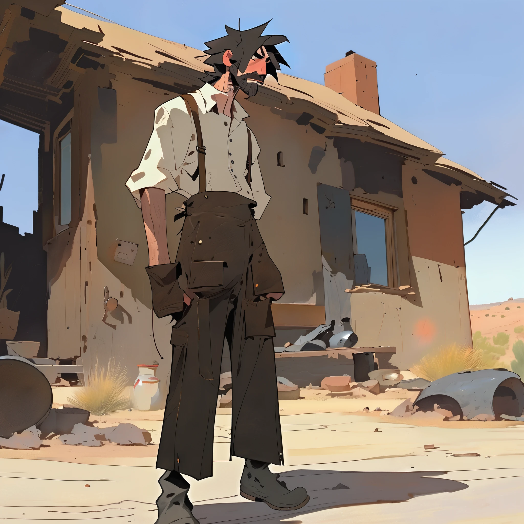 1man, Western, black Messy hair, burnt hair, Leather apron, White button-down shirt, black pants patched, Failed beard, young adult, Thin, full body, Holding a Dynamite, outside a house in the desert, Dirty with soot, crazy