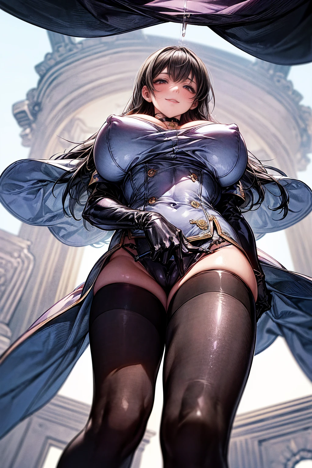 (Super big breasts:1.5)、Abusive smile、View Viewer、(Looking up from below:2)、(Raise your right leg:1.5)、Bend the right knee、(Show the heel of your high heel to the viewer:2)、High-leg bondage、Plain black stockings、Enameled knee-high socks、Enamel Long Gloves、Ultra glossy、Shiny skin、Detailed picture、girl、25-year-old woman、Crotch line、Love juice、Erect nipples、Big nipple piercings、choker