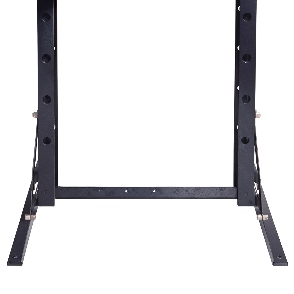 Close up of a black metal frame with holes, Iron frame, shelf focus, Bottom View, Battle Station, shelf, Center frame medium shot, Detail shots, Bottom View, Tilt frame, hp mp stamina bar, High resolution details, shelfs, tilted 35° frame, Bottom shot, product photo, Stand Up Straight, Medium wide angle front view，unbelievably realistic