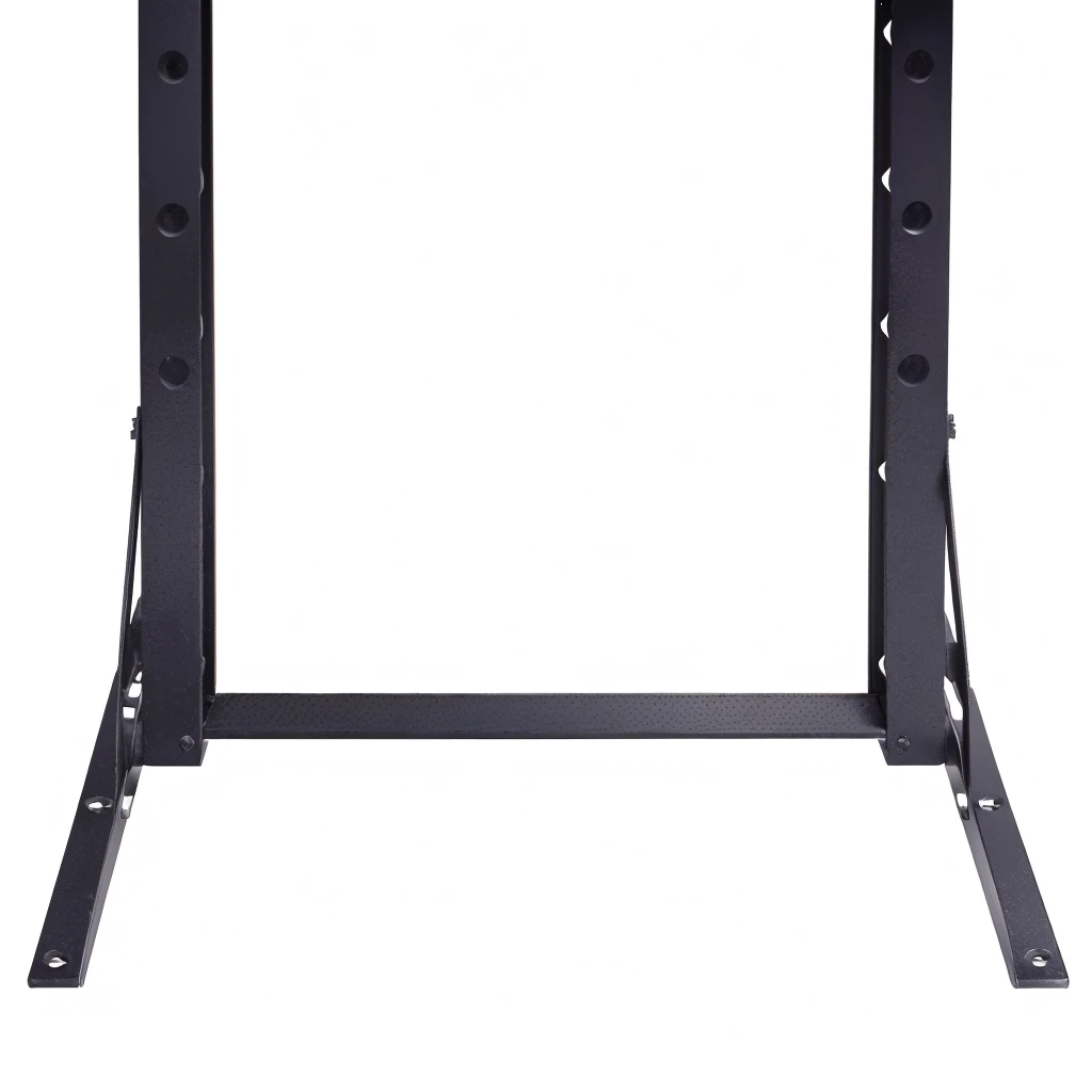 Close up of a black metal frame with holes, Iron frame, shelf focus, Bottom View, Battle Station, shelf, Center frame medium shot, Detail shots, Bottom View, Tilt frame, hp mp stamina bar, High resolution details, shelfs, tilted 35° frame, Bottom shot, product photo, Stand Up Straight, Medium wide angle front view，unbelievably realistic