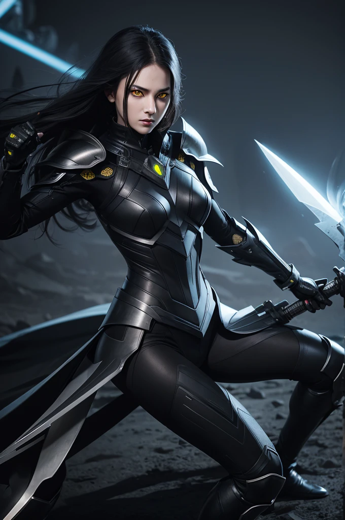 A woman with yellow eyes with slit pupils, dressed in a jet black futuristic armour, wielding a black spear.