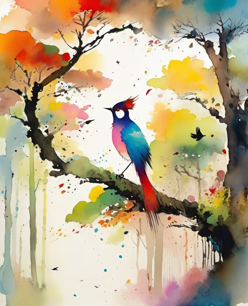 Quentin Blake style photo 、Forest Trees々々, Light, Wind and colorful birds、Portraiture、High resolution、Shake the sky、Highest quality、masterpiece、Very detailed、Maiko
