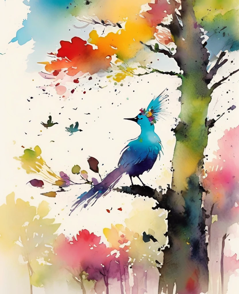 Quentin Blake style photo 、Forest Trees々々, Light, Wind and colorful birds、Portraiture、High resolution、Shake the sky、Highest quality、masterpiece、Very detailed、Maiko
