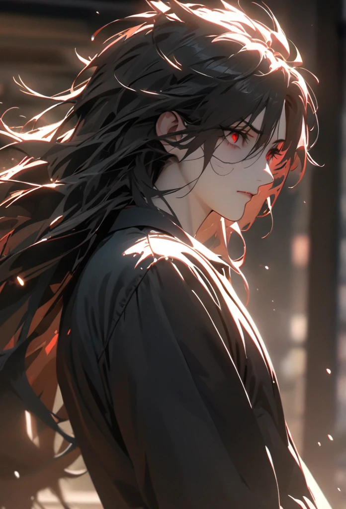 (solo), masculine, black hair, messy hair, mane hair, long hair, dense hair, wild hair, expressive hair, mature,(25 year old), pale skin, red eyes, ((man)), wearing a black dress shirt, serious, handsome, attractive, eye reflection, depth of field, thunder aura,cinematic lighting, ray tracing, depth of field, cinematic lighting, ray tracing, UHD, high details, best quality, highres, high quality, award winning, super detail, masterpiece, 8k, UHD, high details, best quality, highres, high quality, award winning, super detail, masterpiece, 8k, digital art, anime coloring, body shot, good face, perfect face, detailed face, good eyes, facing foward