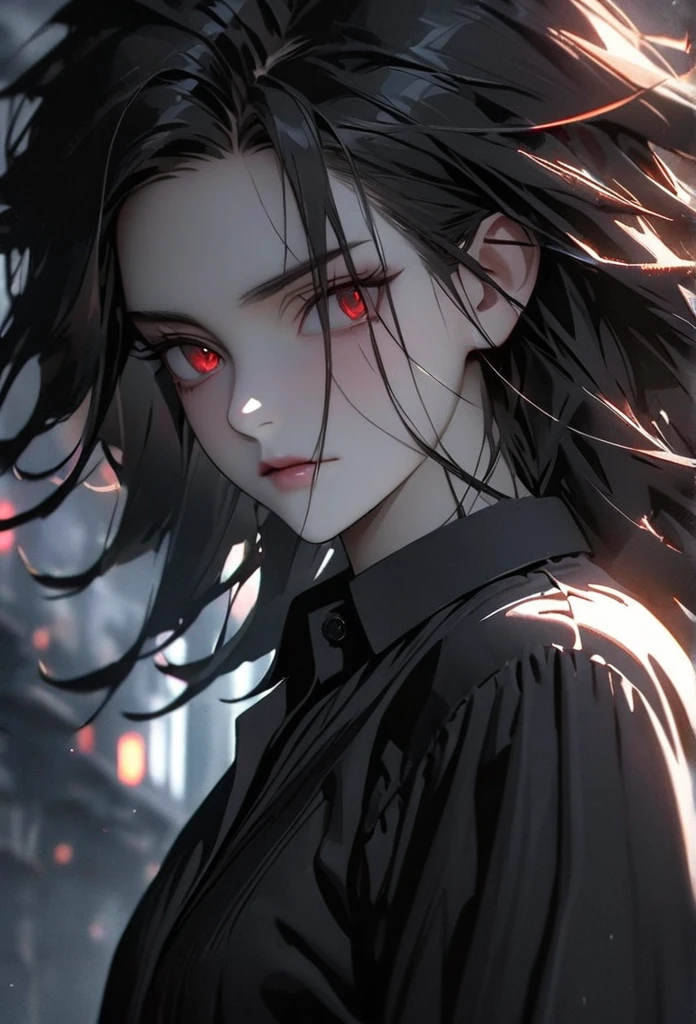 (solo), masculine, black hair, messy hair, mane hair, long hair, dense hair, wild hair, expressive hair, mature,(25 year old), pale skin, red eyes, ((man)), wearing a black dress shirt, serious, handsome, attractive, eye reflection, depth of field, thunder aura,cinematic lighting, ray tracing, depth of field, cinematic lighting, ray tracing, UHD, high details, best quality, highres, high quality, award winning, super detail, masterpiece, 8k, UHD, high details, best quality, highres, high quality, award winning, super detail, masterpiece, 8k, digital art, anime coloring, body shot, good face, perfect face, detailed face, good eyes, facing foward