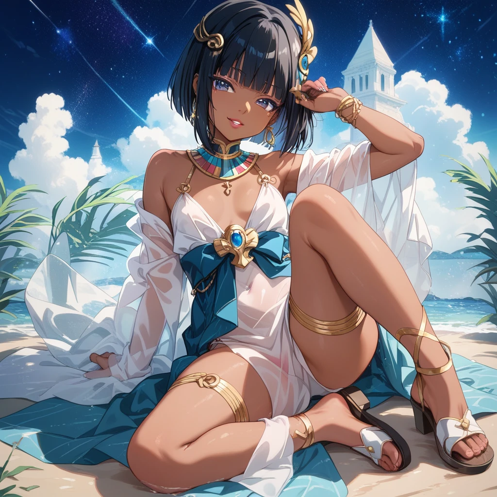 BREAK Perfect Anatomy、(High resolution:1.2)、Incredible illustrations、(Cute illustrations:1.2)、 (Beautiful background,starry skies) 1girl(Black hair, short cut, princess cut, eye shadow, lipstick(dark skin:1.8))
Osiris robe, see-through shawl, sandals(egyptian priest)