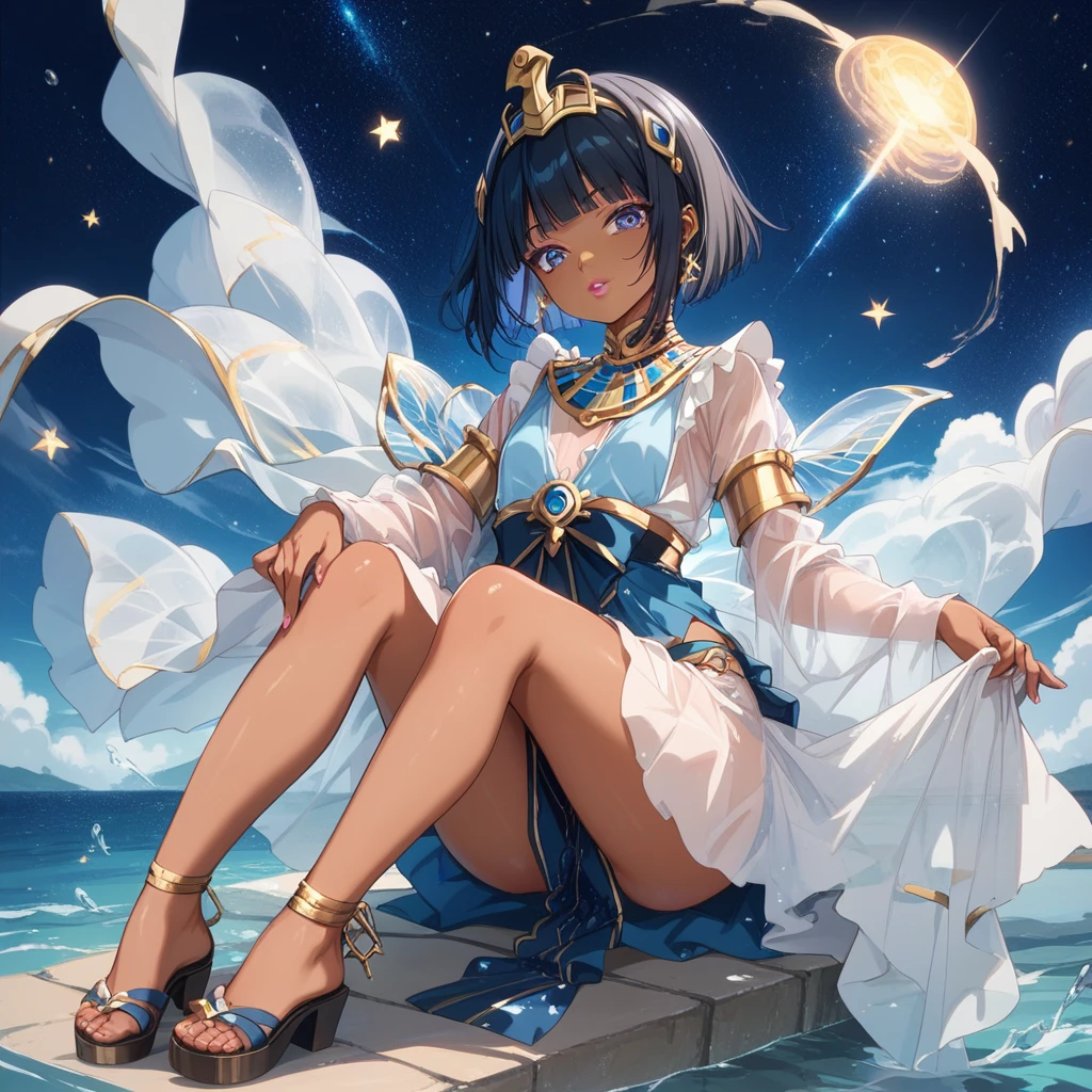 BREAK Perfect Anatomy、(High resolution:1.2)、Incredible illustrations、(Cute illustrations:1.2)、 (Beautiful background,starry skies) 1girl(Black hair, short cut, princess cut, eye shadow, lipstick(dark skin:1.8))
Osiris robe, see-through shawl, sandals(egyptian priest)