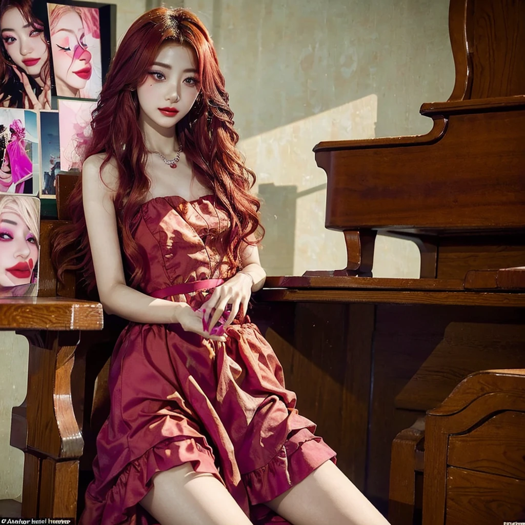 Yunjin do LE SSERAFIM, a young woman with long, vibrant hair in a deep shade of red, is dressed in a clown costume, a ruffled dress in shades of pink. Her face is painted with clown makeup but in pink tones..