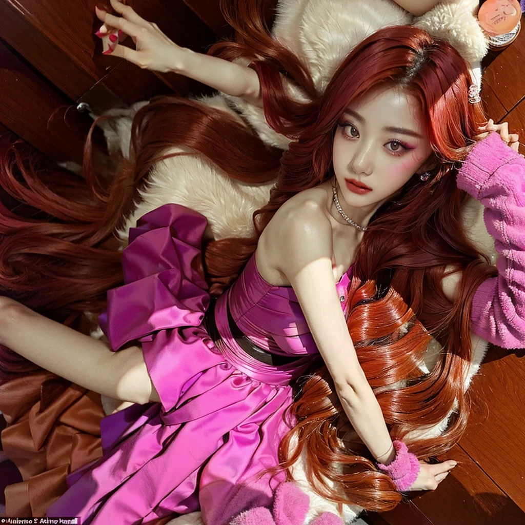 Yunjin do LE SSERAFIM, a young woman with long, vibrant hair in a deep shade of red, is dressed in a clown costume, a ruffled dress in shades of pink. Her face is painted with clown makeup but in pink tones..