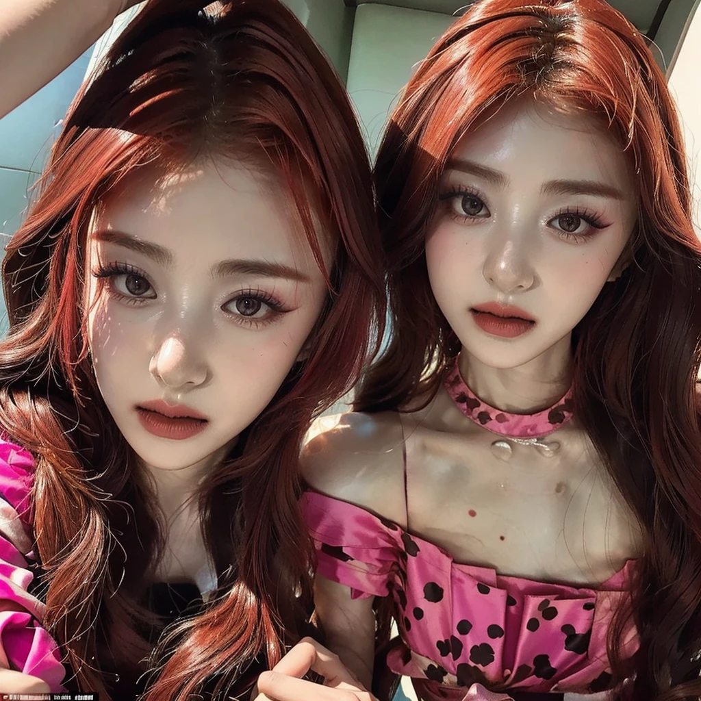 Yunjin do LE SSERAFIM, a young woman with long, vibrant hair in a deep shade of red, is dressed in a clown costume, a ruffled dress in shades of pink. Her face is painted with clown makeup but in pink tones..