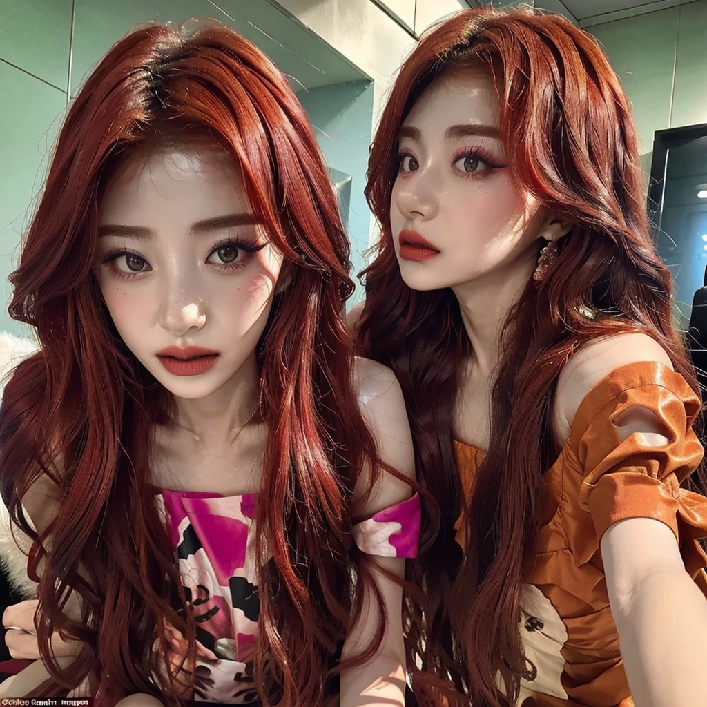 Yunjin do LE SSERAFIM, a young woman with long, vibrant hair in a deep shade of red, is dressed in a clown costume, a ruffled dress in shades of pink. Her face is painted with clown makeup but in pink tones..