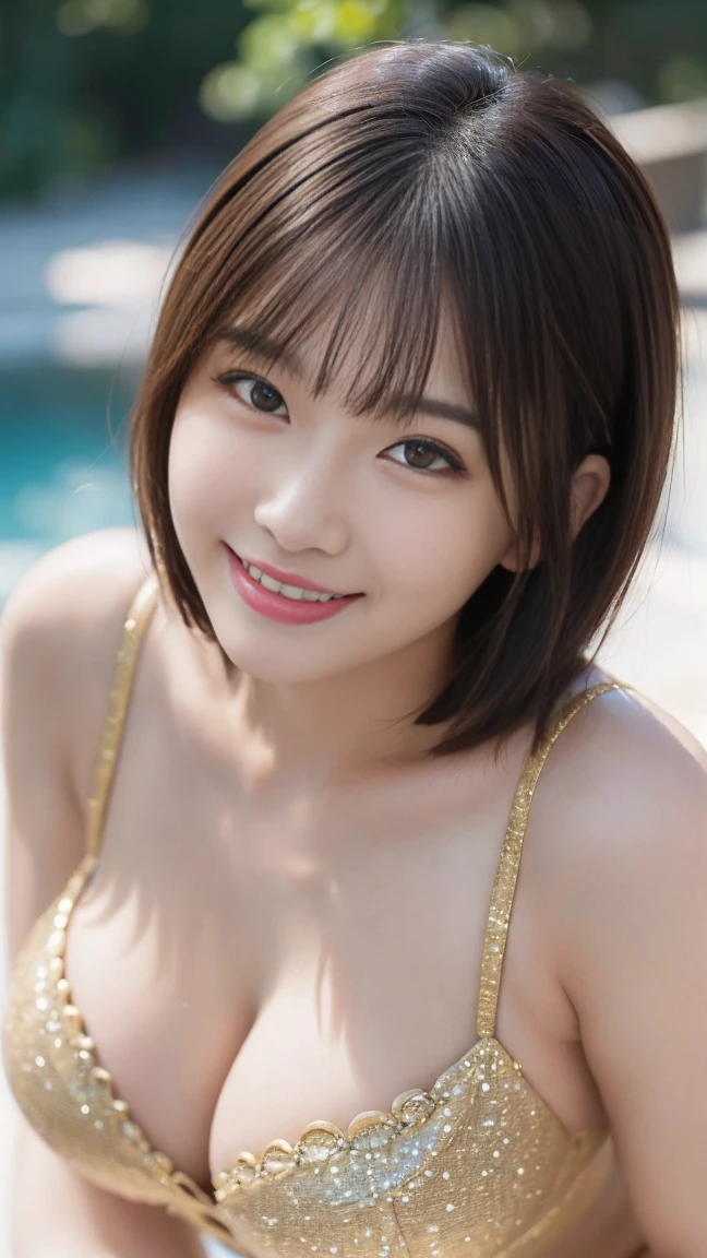Highest quality, masterpiece, Ultra-high resolution, (Realistic:1.4), Beautiful woman, ((Big Breasts:1.3)), (((Short Bob))), (((Brown ash))), Beautiful Skin, Fine skin, 魅惑的なsmile, Background blur, smile, Hair over the ears, beautiful girl, Fair skin, Voluptuous, Plump body, (Highest quality、Tabletop、8K、Best image quality、Award-winning works)、1 female、(short hair:1.1)最大のsmileが私を見て、Exactly、(Accentuate your body lines:1.2)、Low length、(Glamorous Body:1.2)、(Chubby body type:1.2)、優雅で美しい窓辺にStanding Elegantly.、(Standing Elegantly:1.2)、Natural Makeup、Ultra-high definition beauty face、Ultra HD Hair、Ultra-high definition sparkling eyes、(Ultra-high resolutionの光沢の肌:1.1)、Ultra-high quality glossy lips、(Accurate anatomy:1.1)、(very bright and vivid:1.4)、(Bright and beautiful skin:1.4)、Swimwear