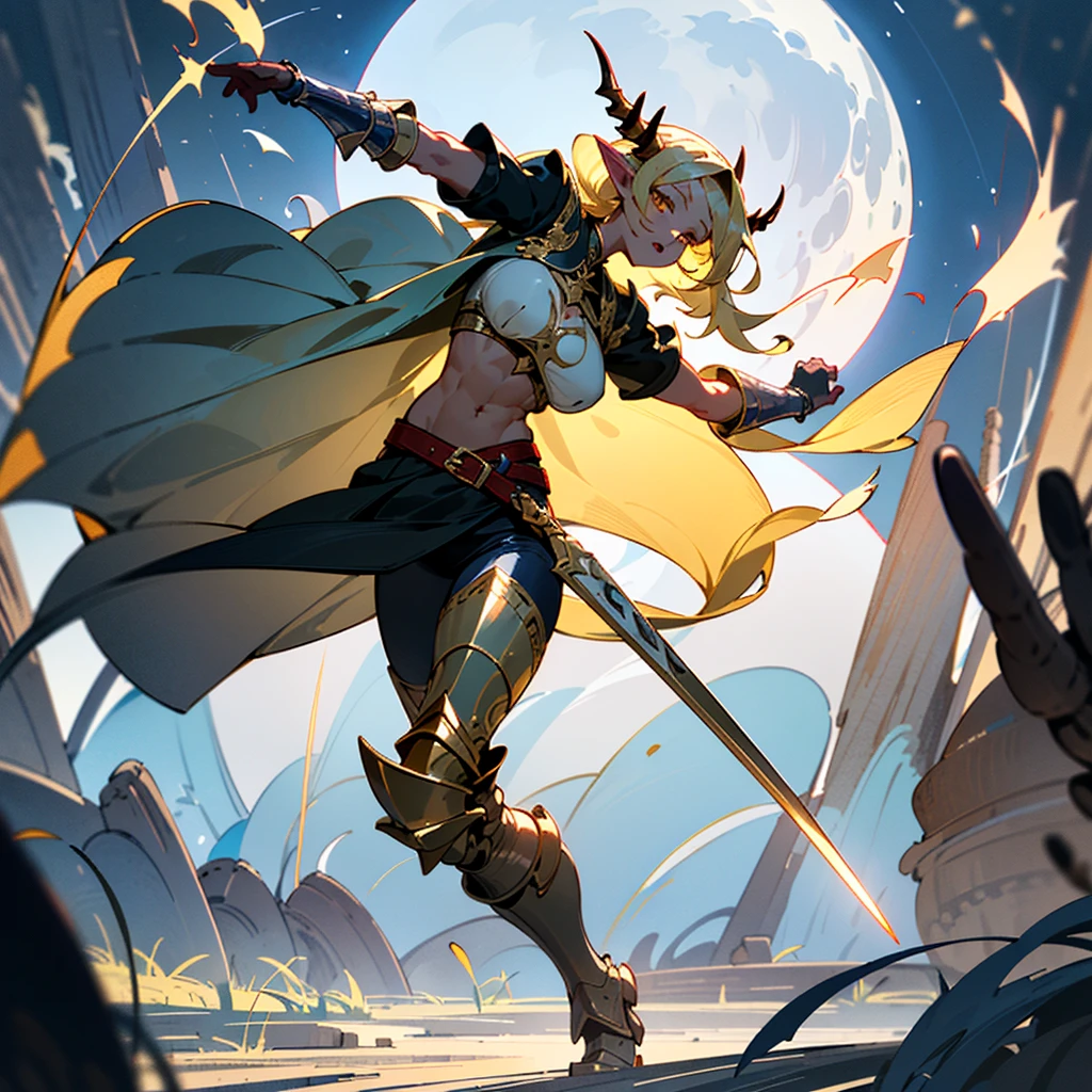 ((best quality)), ((masterpiece)), (detailed), 8k_wallpaper, extremely detailed eyes, extremely detailed body, (large masterpiece digital art), ((perfect anatomy huge chest)), (intricate details:1.3 ), (ultra-detailed:1.3), (sharp focus:1.3), (natural lighting:1.05), (vivid colors:1.3), (best quality:1.4), high quality, ((a modern elven city built in elven ancient traditions with modern technologies and ancient fantasy architecture, expressive eyes)), full body, tall girl, detailed face, beautiful face, perfect face, detailed ((blonde hair)), (gold eyes), ((large big red and blue horns)), {{dark skin}}, ({dark skinned female}), gigantic breasts, thick thighs, strong arm and leg muscles, strong abdominal muscles, Monster women, Korean women, wearing a modern short black cloth jacket with rolled up sleeves, (wearing heavy gold colored steel armor), a wide red leather belt with blue steel yarn, steel boots, steel thigh guards, running under by the light of the moon through the forest with long daggers in hands against a background of blooming flowers and grass with tall trees,