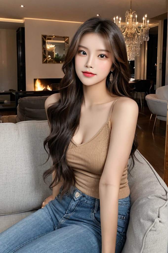 Generate an image of a stunning 20-year-old Asian woman with beauty akin to a goddess of the fire element. She has big brown eyes, dark brown hair, glowing skin, and an attractive appearance. She is wearing a beautiful top paired with blue skinny jeans. The woman is sitting sweetly on a living room sofa, her posture relaxed and inviting, surrounded by cozy and elegant decor.
