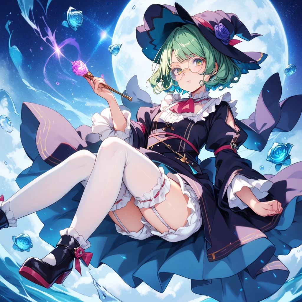 A large witch's hat with a wide frill and a purple rose decoration, a robe with the Duke's coat of arms on the sleeve, a cream-colored blouse, a winered ribbon tie, a high-waisted garter skirt, bloomers,garter stockings, and pumps. Curly short cut, green hair, large round glasses　(Zero gravity,Weightless, floating in the air holding my knees)
