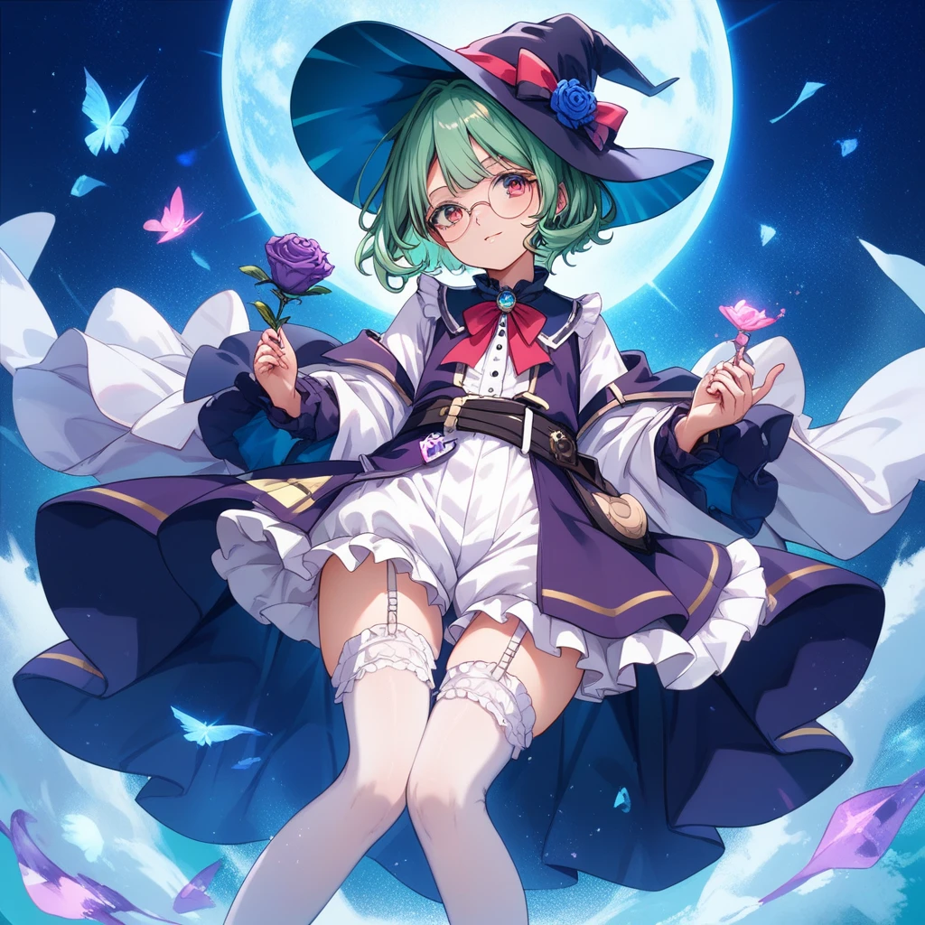 A large witch's hat with a wide frill and a purple rose decoration, a robe with the Duke's coat of arms on the sleeve, a cream-colored blouse, a winered ribbon tie, a high-waisted garter skirt, bloomers,garter stockings, and pumps. Curly short cut, green hair, large round glasses (Zero gravity,Weightless, floating in the air holding my knees)