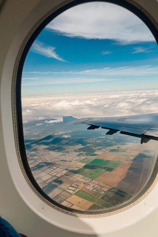 A photograph from inside an airplane focusing on the window (perfectly oval) and a little tall and small and its outline with the small cover is raised showing the morning clouds (and the city of San Luis Potosí), from a side angle