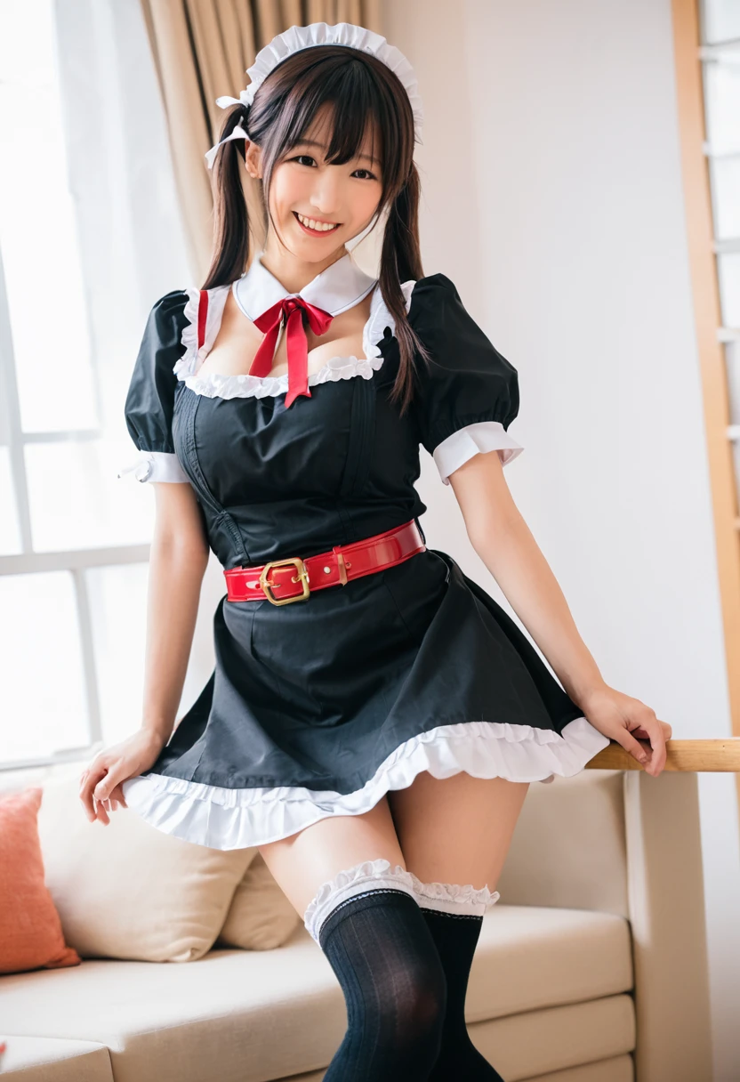 masterpiece, best quality, high resolution, 1After, Fujiwara Chika, maid dress, breast, Red belt, Bangs, large breast, Cowboy shooting, Smile, indoors, Sexy pose, breast露出, maid, Ming Daofu, black maid dress, Apro, maid Apro, mini skirt, 吊Socks带, Socks, Put your hands behind your back,