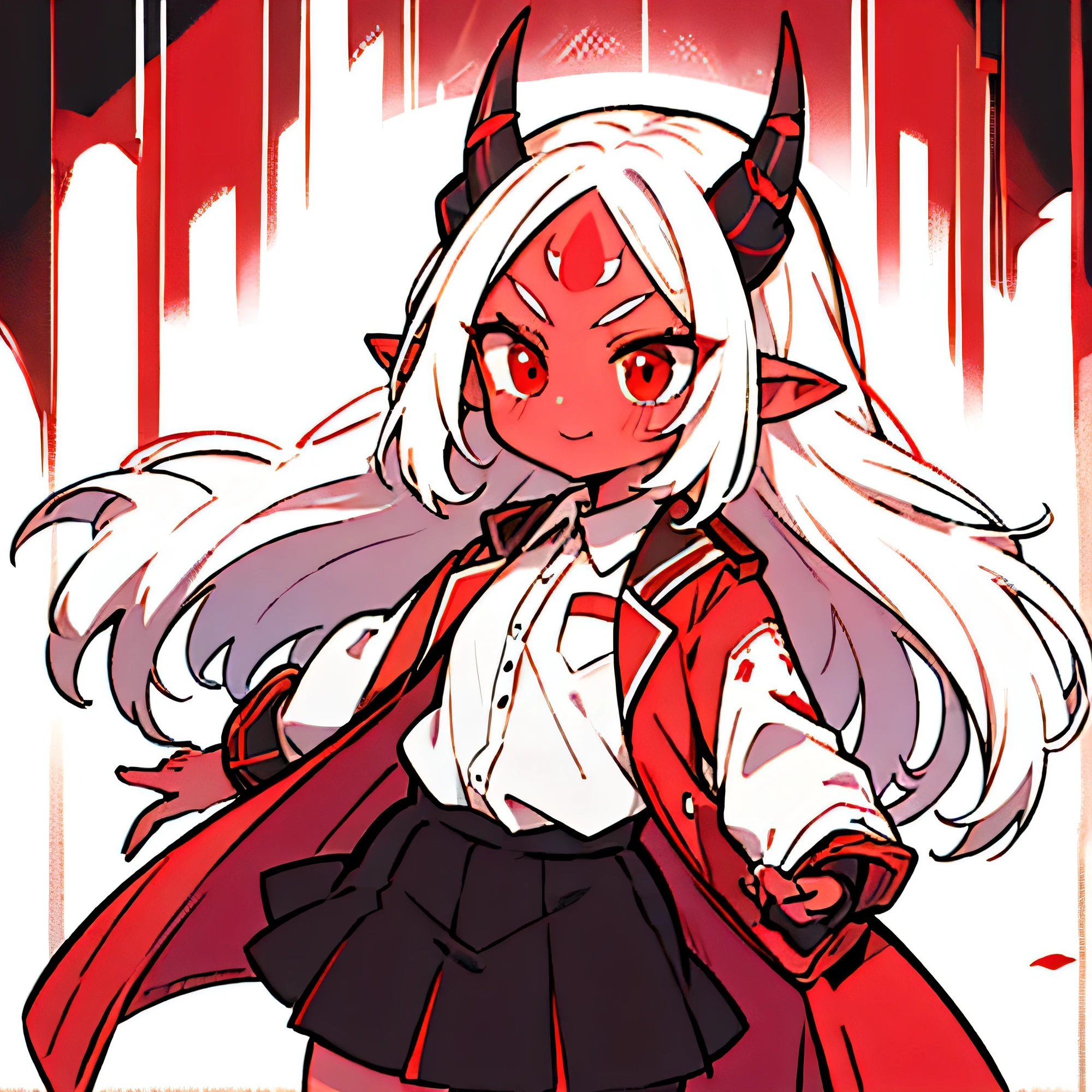 anime girl, demon girl, light red skin, two skin horns connected to her forehead, white hair, red eyes, , white shirt, red jacket, smug face, black skirt, one broken horn, pointy ears, light red skin color.