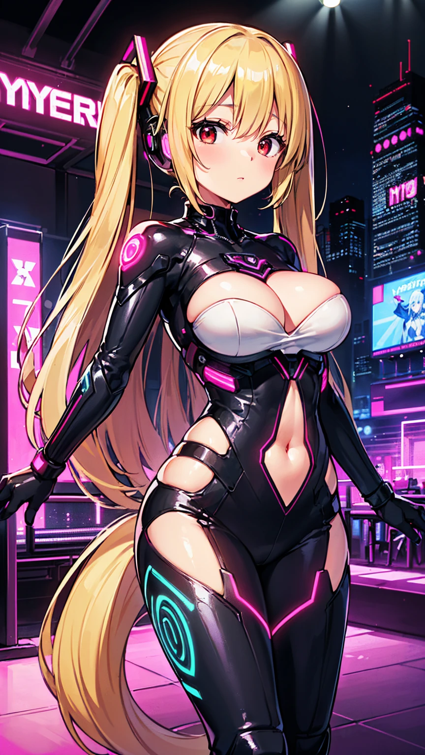 最high quality、Best image quality、masterpiece、Hatsune Miku VOCALOID、Big breasted android girl((18-year-old、red, A glowing black and blue cyber suit、Best Bust、Bust 90、Blonde Away Tail、red Eyes、Open your chest wide、valley、happiness、Slender、Expressionless、)）high quality、Beautiful art、background((Metro City、cyber punk、Nightclub、Cyber World))、Tabletop、Exquisite design、Visual Arts、