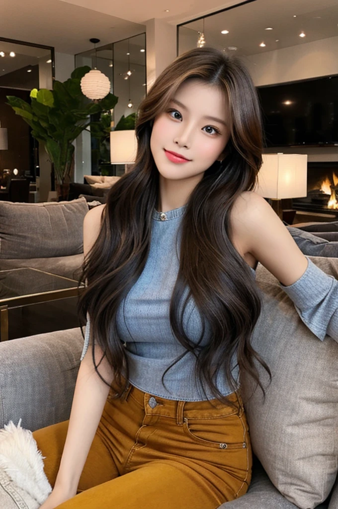 Generate an image of a stunning 20-year-old Asian woman with beauty akin to a goddess of the fire element. She has big brown eyes, dark brown hair, glowing skin, and an attractive appearance. She is wearing a beautiful top paired with blue skinny jeans. The woman is sitting sweetly on a living room sofa, her posture relaxed and inviting, surrounded by cozy and elegant decor.