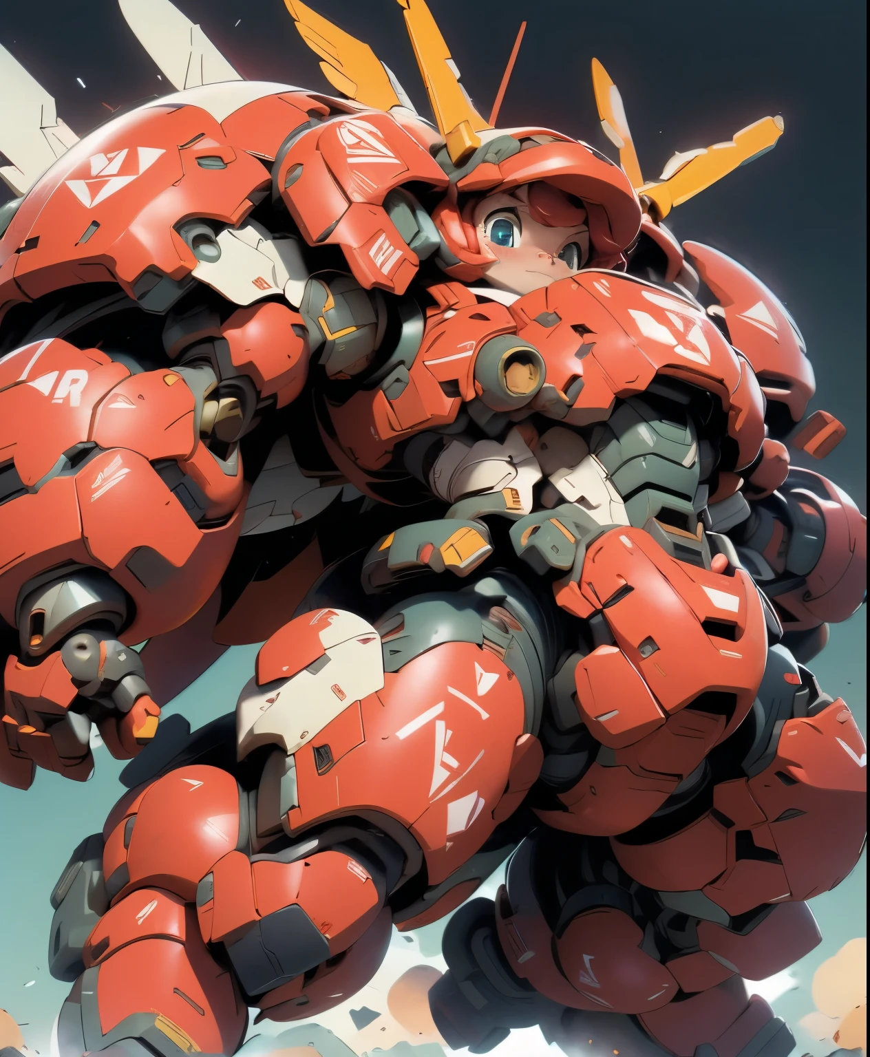 (((1 chibi girl in large red-colored robot costume, from below))), (holding weapons), (chibi), (bulky:1.8), (((helmet:1.5))), large cute face, mechanical parts, ((mechanical wings)), (full armor:1.8), (mecha armor:1.8), (shoulder guards:1.2),(huger arms), ((mechanical arms:1.5)), (short legs), (huger body:1.8), (heavy equipment:1.6), (from below), (headgear), blue sky, white clouds, robot joints, becoming a mecha, mecha, (RARS), (HRS), ROBOTANIMESTYLE, BJ_Cute_Mech,cute, girl BREAK ((masterpiece)), vibrant colors, 8k, best quality, ultra detailed illustration, ((best quality)), ((high resolution)), flawless skin textures, shiny oiled skin, extremely detailed anime eyes , extreme light and shadow