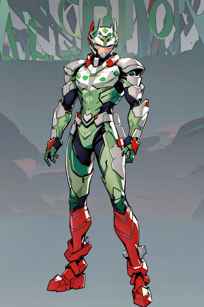 (My Hero Academia Style), (Full body photo:1.5),((full bodyesbian)), (Simple background), ((High resolution)), (simple background), (white backgrounid:1.3), 1man, A man wearing a full-face helmet mask that covers most of his face, (((armored and silvered guatelente))), (((((a bright green spot on his chest))))), anime boy, male, young male, trending on artstation pixiv, (full body shot:0.5), head covering, adorned in a biomimetic armor, helmet, face covering, mask, hero suit, full body suit, green suit, Perfect anatomy, Super Detailed, (((red boots))).