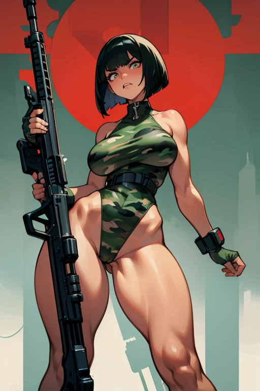  thick hips,  thick thighs, platform  heels, high cut leotard, huge breast, thin waist, bob cut hair, weapon, tanned skin, gun, angry look, military camouflage, scream, thick body, cyberpunk, garterbelt,